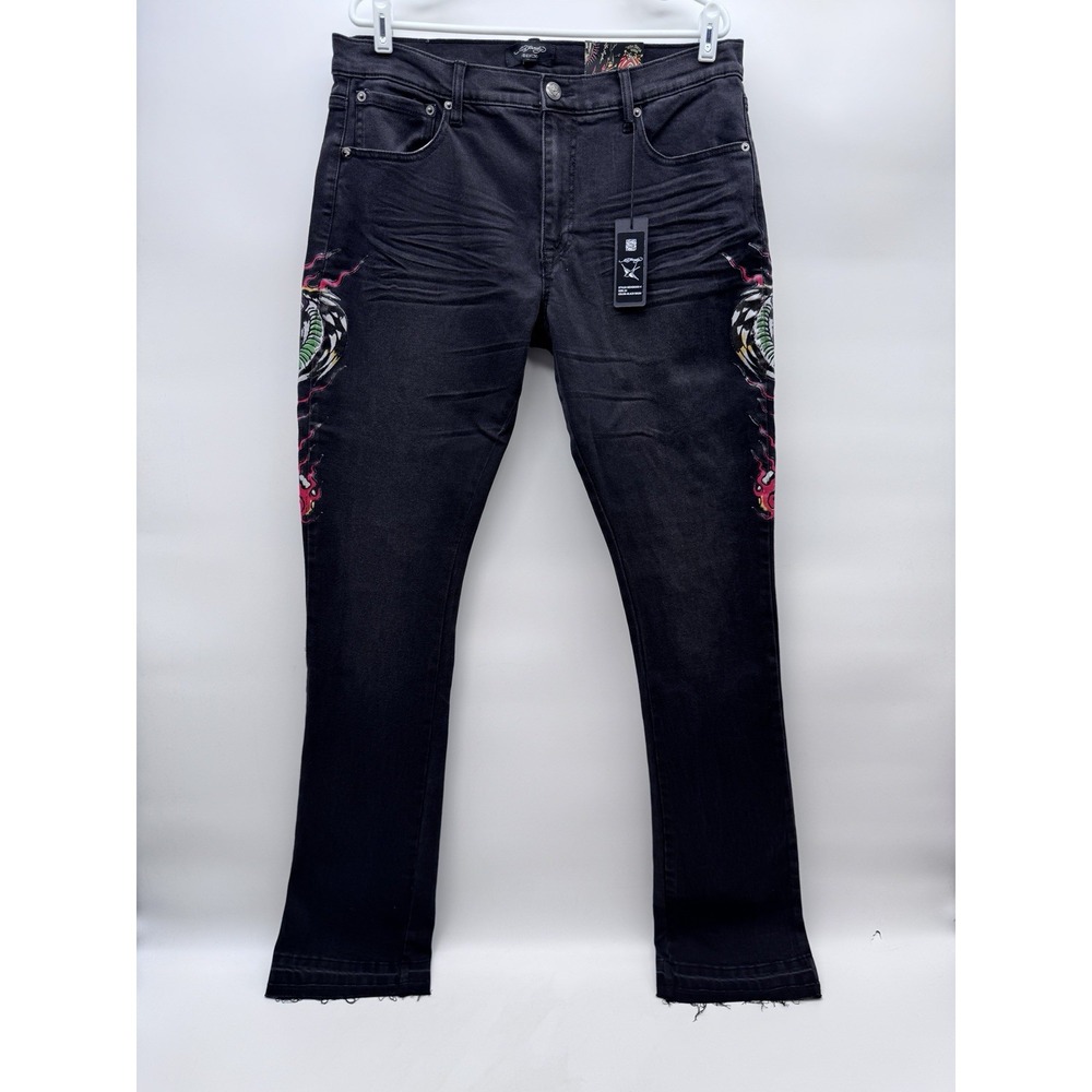 ED HARDY Dragon Stacked Bootcut Men's Jeans Black Wash 34x36 (MEHD8303-4) Y2K